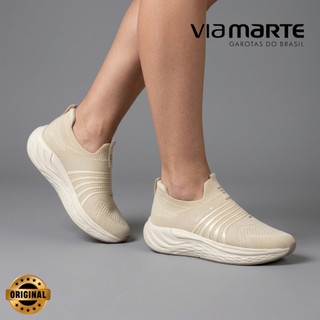 Tênis Via Marte Feminino Knit Casual Confortável Leve Slip On Branco Dia a Dia Original