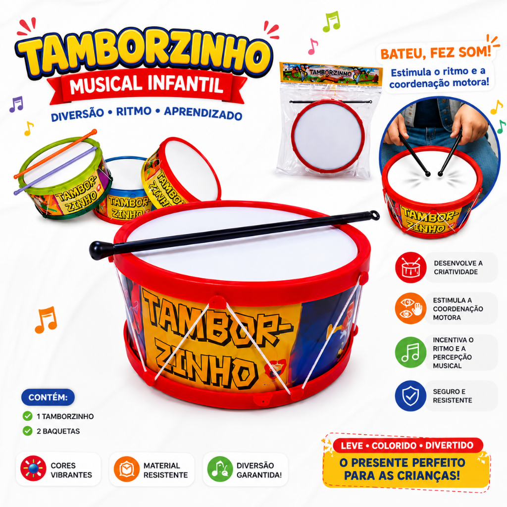 Tamborzinho Infantil Musical com Baquetas Brinquedo Educativo Crianças