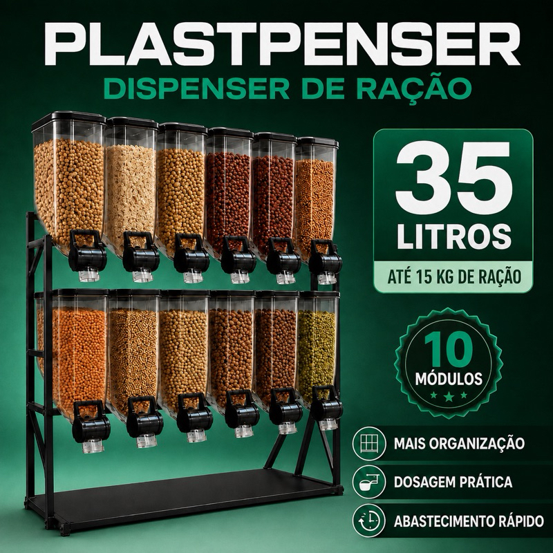 Porta Ração Expositor Dispenser Armazenador 10 Módulos 35 litros 15 kilos total 150 kilos -