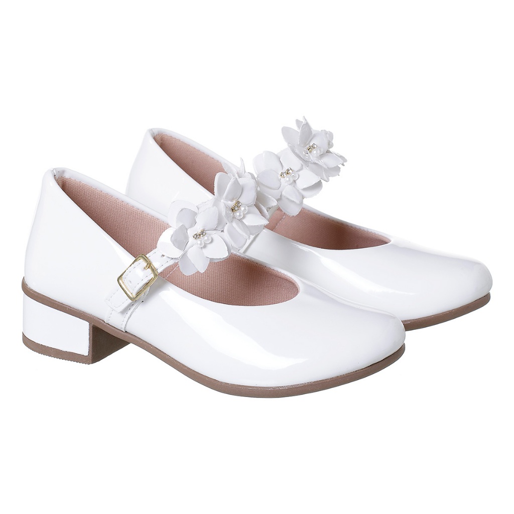 Sapatilha Feminina Infantil Saltinho Com Laço Flor Fivela Boneca Salto Baixo Festa Moda Blogueira