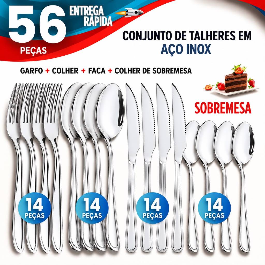 Jogo de Talheres 56/40/36 Peças Aço Inox Facas + Garfos + Colheres + Colheres de Sobremesa Cozinha.