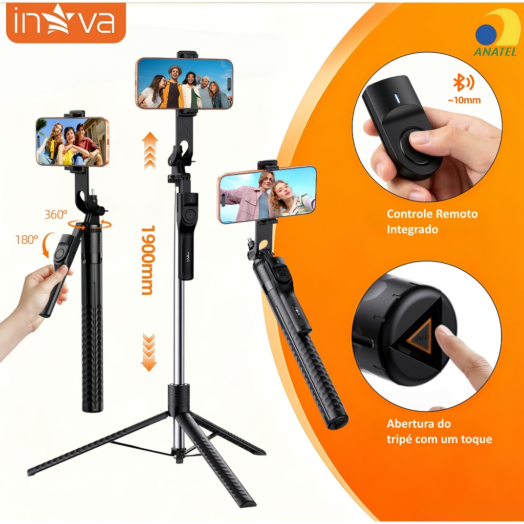 INOVA Tripé 3 em 1 Retrátil 190cm Gira 360° Com Controle Remoto Bluetooth