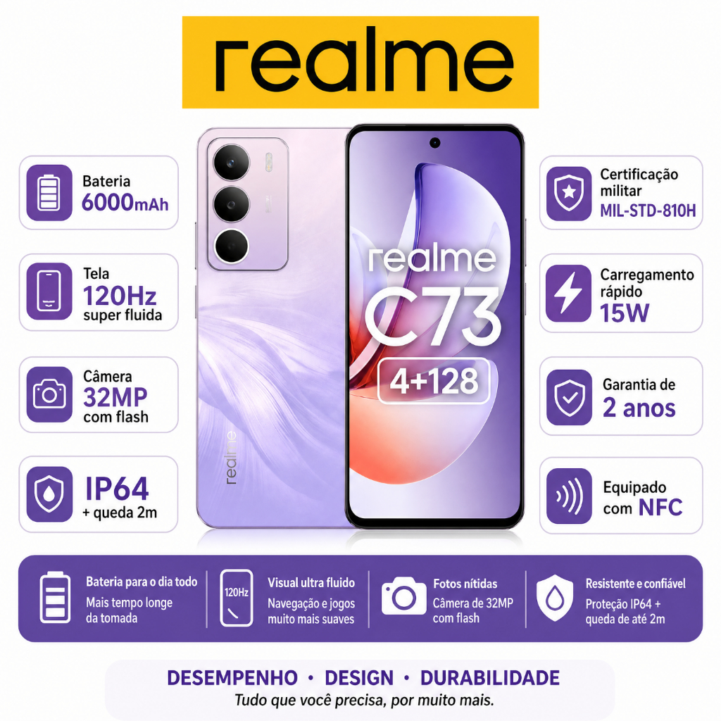 realme C73 8+256GB Smartphone Celular Versão Global Bateria 6000mAh Câmera 50MP NFC Tela 6,67 Violet