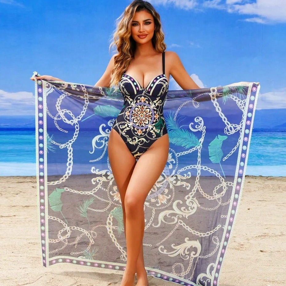 Conjunto de Body Maiô Alça Fina Feminino De Verão Push Up Impressão Em Cadeia Saia Praia