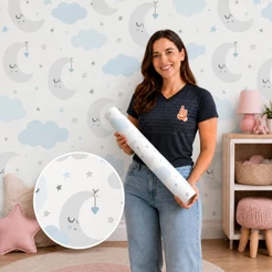 Papel De Parede Baby Nuvens E Lua Cinza E Azul