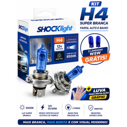 Par de Lâmpadas H4 Super Branca 8500K 55/60W 12V Farol Alto e Baixo + W5W Grátis + Luva para Instalação