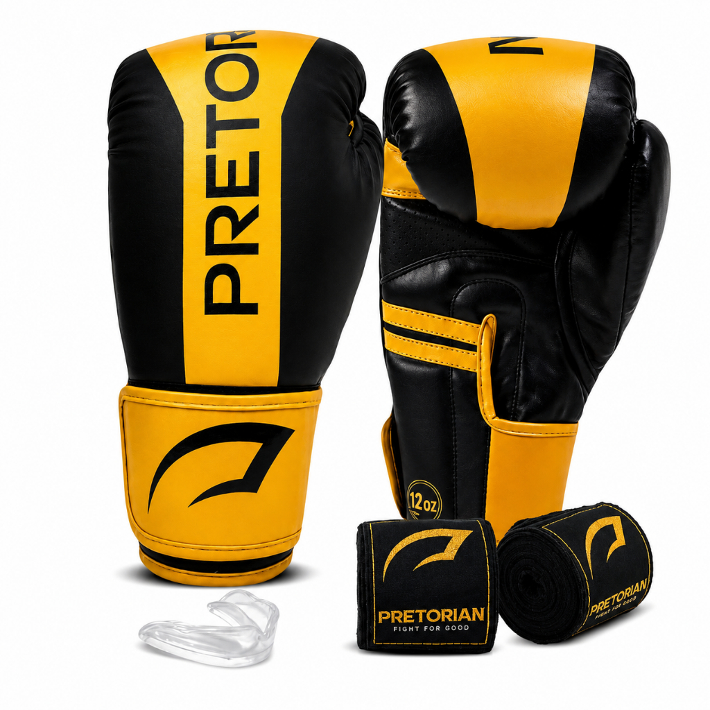 Kit Luva de Boxe e Muay Thai / kickboxing Strike Elite Pretorian Luva Profissional + 2 Bandagens 3.5m + Protetor Bucal