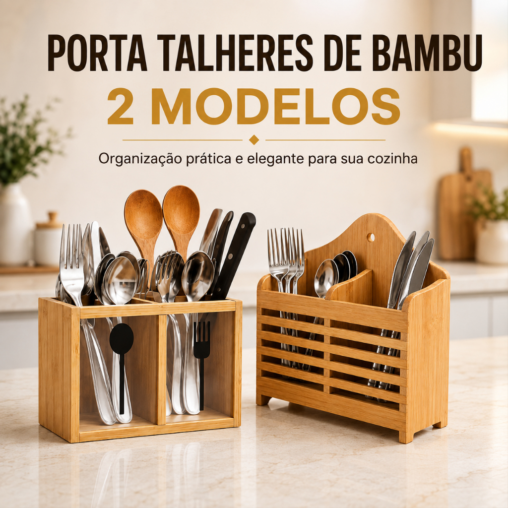 Porta Talheres de Bambu Organizador de Cozinha com Visor Acrílico e Divisórias Resistente e Sustentável Madeira