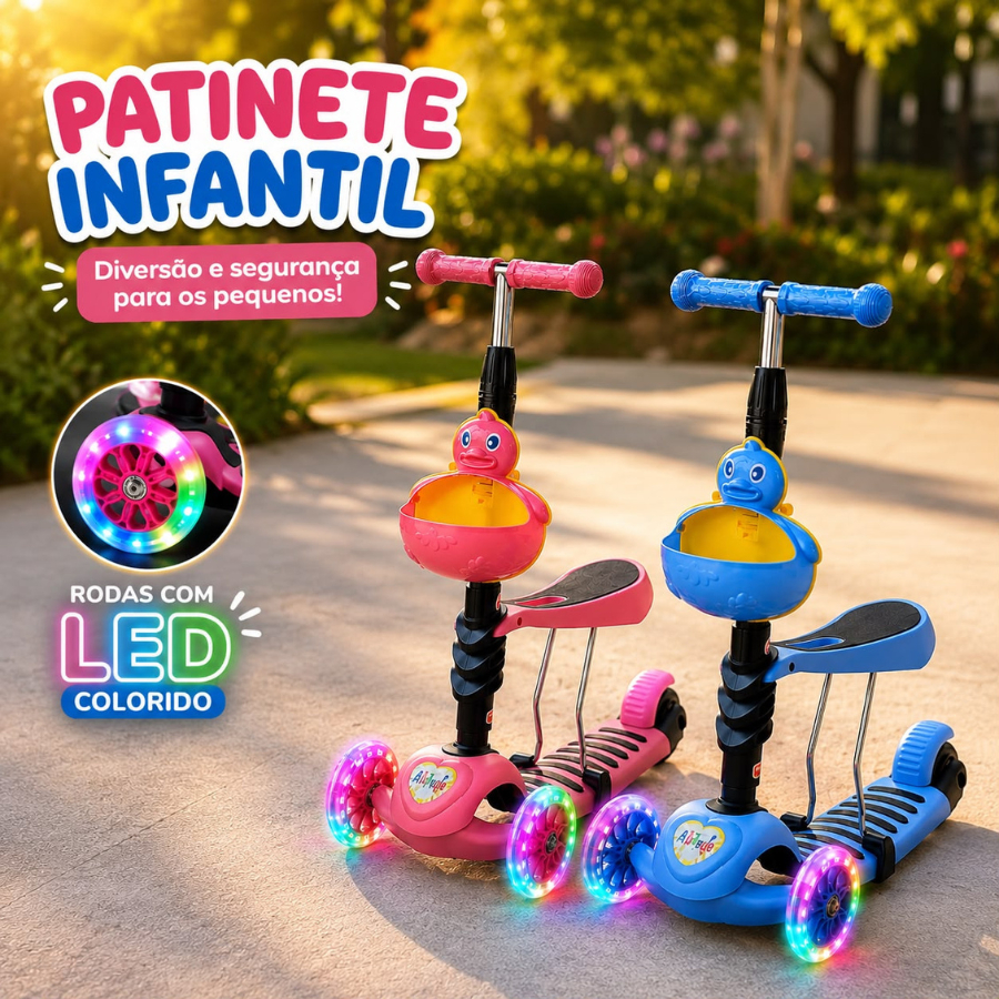 Patinete Infantil Led e Musica Rosa Menina Azul Menino Pato Luzes presente Natal Criança  Ajustável Scooter Dobrável