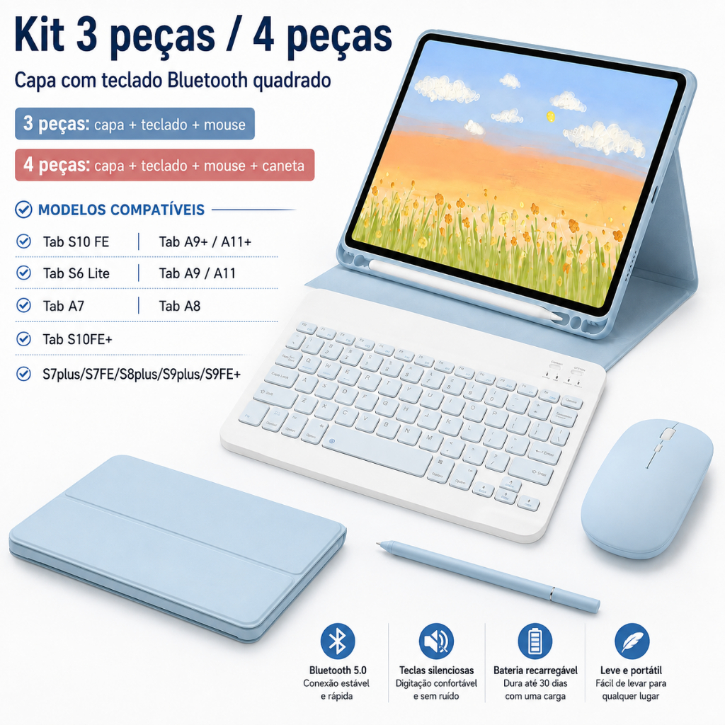 Kit 3/4 Peças Capa Teclado Quadrado Mouse Caneta Samsung Tab S10 FE,S10 FE+,S6 Lite,A7,A8,A9,A9+,A11,A11+,S7+,S7 FE,S8+