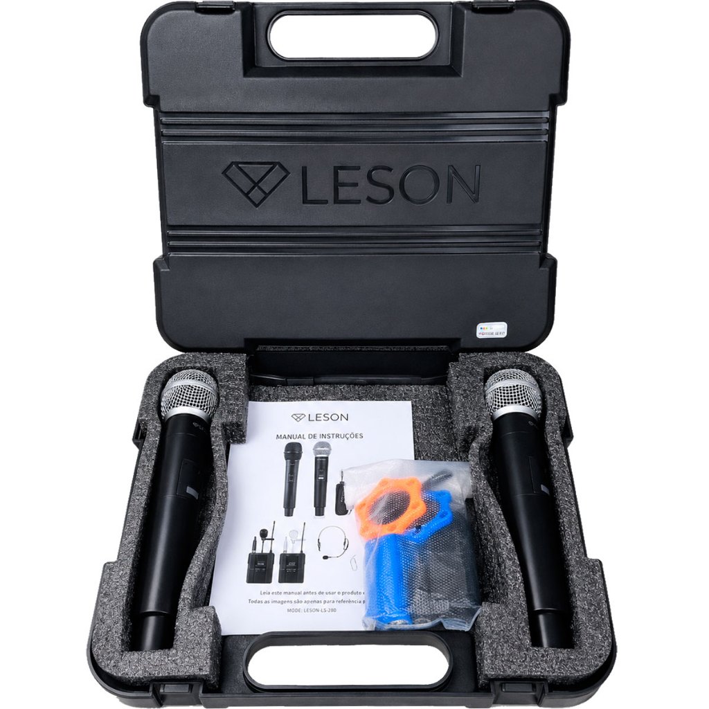 Kit 2 Microfone Sem Fio Leson LS302 2.4GHz Digital Com Maleta e Receptor P10