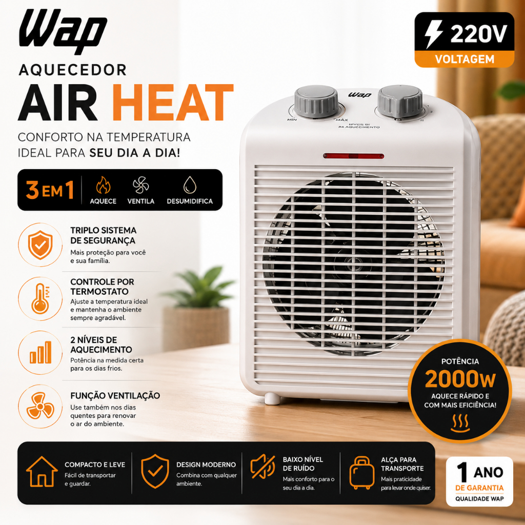Aquecedor de Ar Portátil WAP Air Heat 3 em 1 Cinza 2000W – 220V