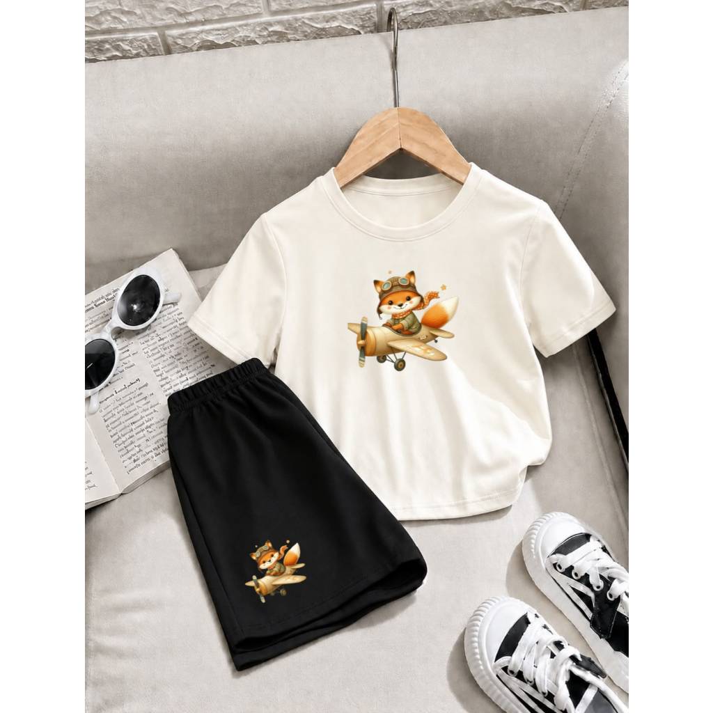 Conjunto Masculino Infantil Camiseta Básica com Short Moletom Estiloso e Confortável para Meninos Estampa Raposinha