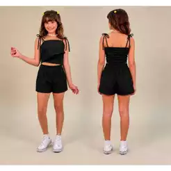 Conjunto feminino juvenil alfaiataria de 2 peças: Sem Mangas e Short Sólida