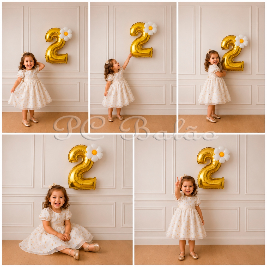 Kit Balão Metalizado 1 Número 70cm DOURADO + 1 MARGARIDA 45CM Festa Decoração ANIVERSÁRIO
