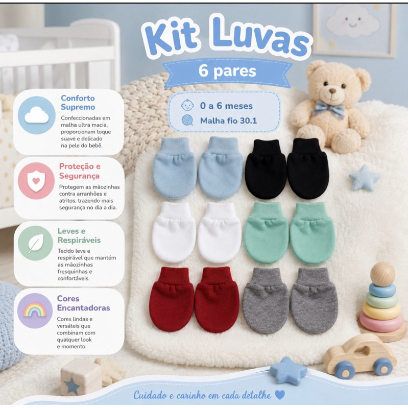 Kit Luvas para Bebê Recém Nascido Temos 2 Opções Kit 3 e 6 Pecas Malha Hipoalergênico 100% Algodão.