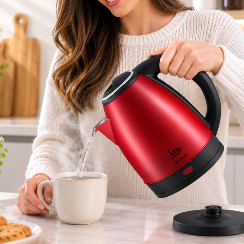 Chaleira Elétrica Inox 1,8L Vermelha Desligamento Automático Base Giratória 110V / 220V