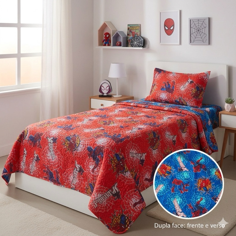 Kit Colcha Cobre Leito Solteiro 1,50x2,40 Infantil Personagens Dupla Face Com 1 Porta Travesseiro metalassê