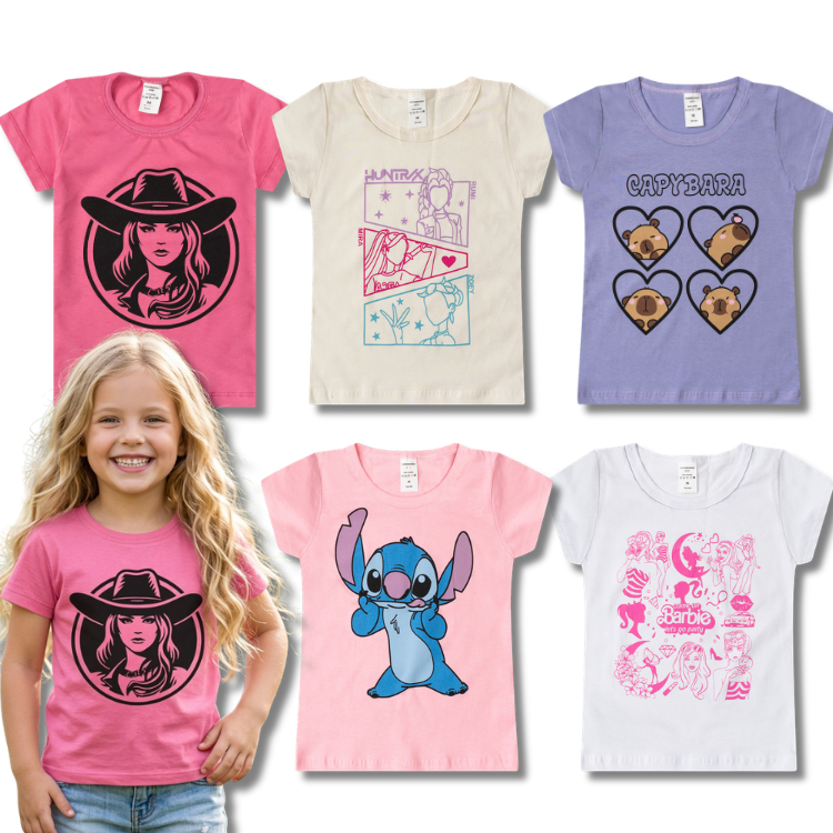 Kit Sortido 04 Blusas Femininas Estampadas do 03 ao 16 Anos Infantil Juvenil Manga Curta Menina