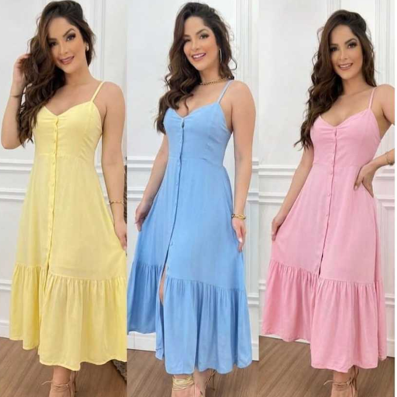Vestido Midi Feminino Alças Finas Regulável Com Lastex Nas Costas e Babado Casual Chic Primvera Verão