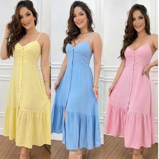Vestido Midi Feminino Alças Finas Regulável Com Lastex Nas Costas e Babado Casual Chic Primvera Verão