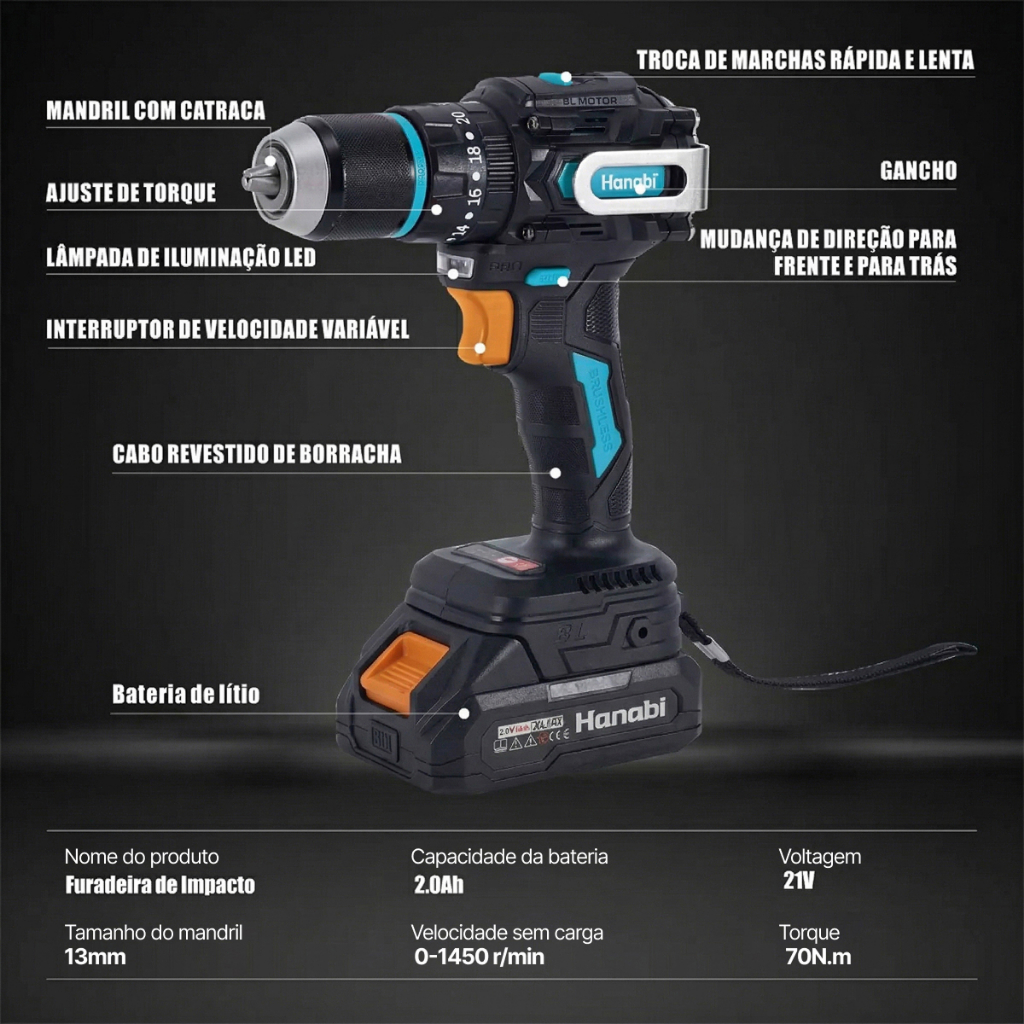 【Hanabi】Parafusadeira Furadeira 21V Sem Fio Brushless Sem Escova 1300RPM Bivolt 127/220V Profissional LB-SEM5003 — imagem 2 de 2