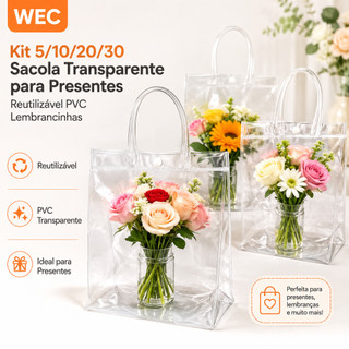 Kit 5/10/20/30 Sacola Transparente para Presentes Reutilizável PVC Lembrancinhas