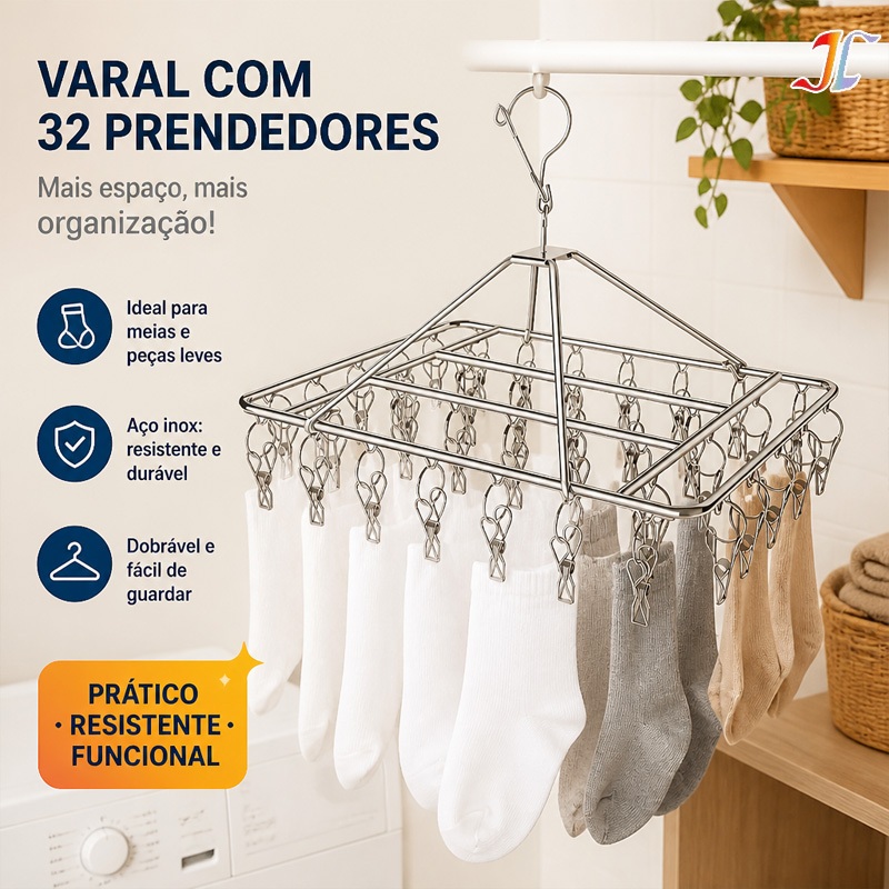 Varal Retrátil com 60/50/40 Clips Inox Dobrável para Roupas Íntimas e Pequenas Prendedor Prático e Durável TJ