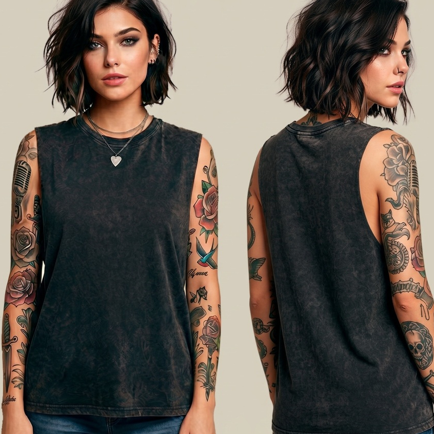 Camiseta Regata Estonada Oversized Estilo Machão Muscle Tee Algodão Lisa Estilo Streetwear Feminina Gotico Metal Rock