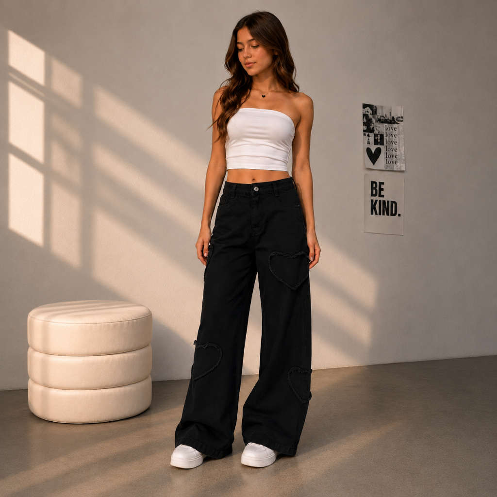 Calça Jeans Baggy Ampla Juvenil Menina Preta com Coração Desfiado Estilosa Moda Teen