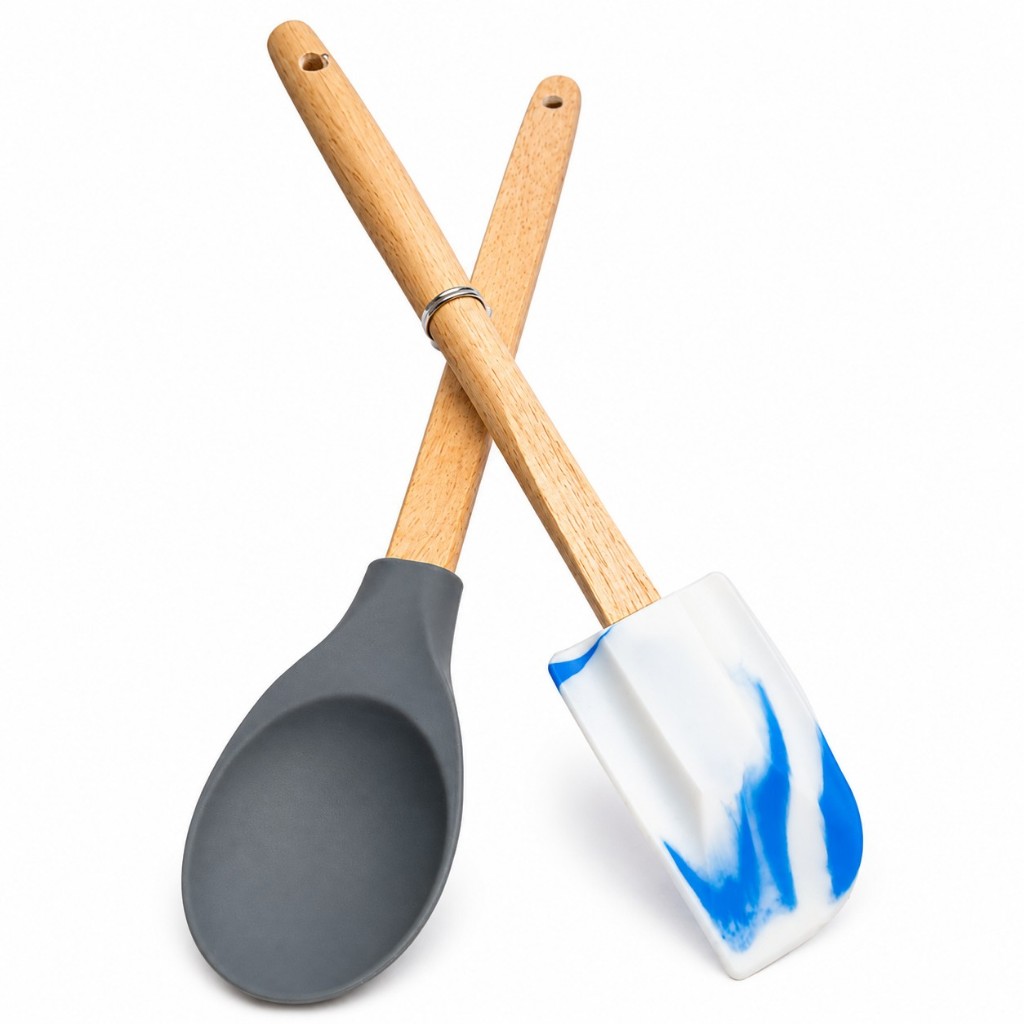 Kit Utensílios 2 UN Colher de Arroz e Espátula Marmorizada Silicone Cabo Madeira Bambu