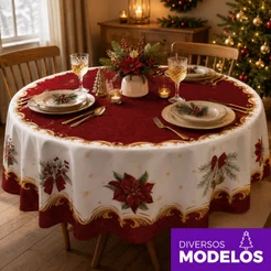 Toalha de Mesa Redonda Natal 4 Lugares Mesa Posta Natalina Em Tecido Oxford 1,40x1,40m
