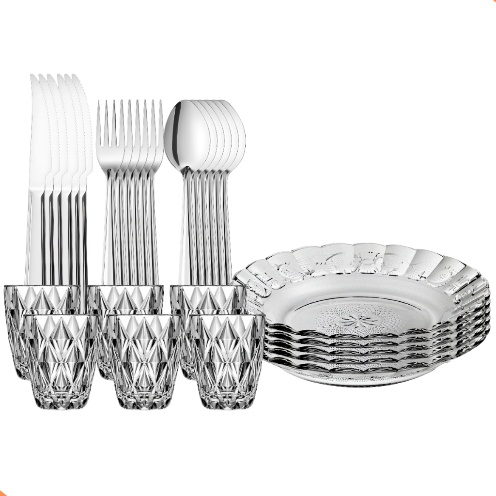 Aparelho De Jantar 30 Peças Pratos Fundos, Copos 300ml e Talheres Inox