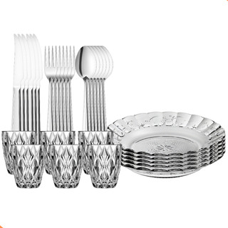 Aparelho De Jantar 30 Peças Pratos Fundos, Copos 300ml e Talheres Inox