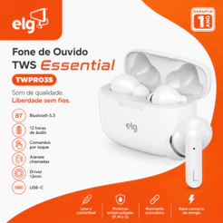 Fone de Ouvido Bluetooth TWS ELG TWPRO3S Sem Fio Bluetooth 5.3 Até 12h Branco