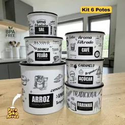 Kit 6 Potes Plásticos Porta Mantimentos Organizadores Pretos e Brancos