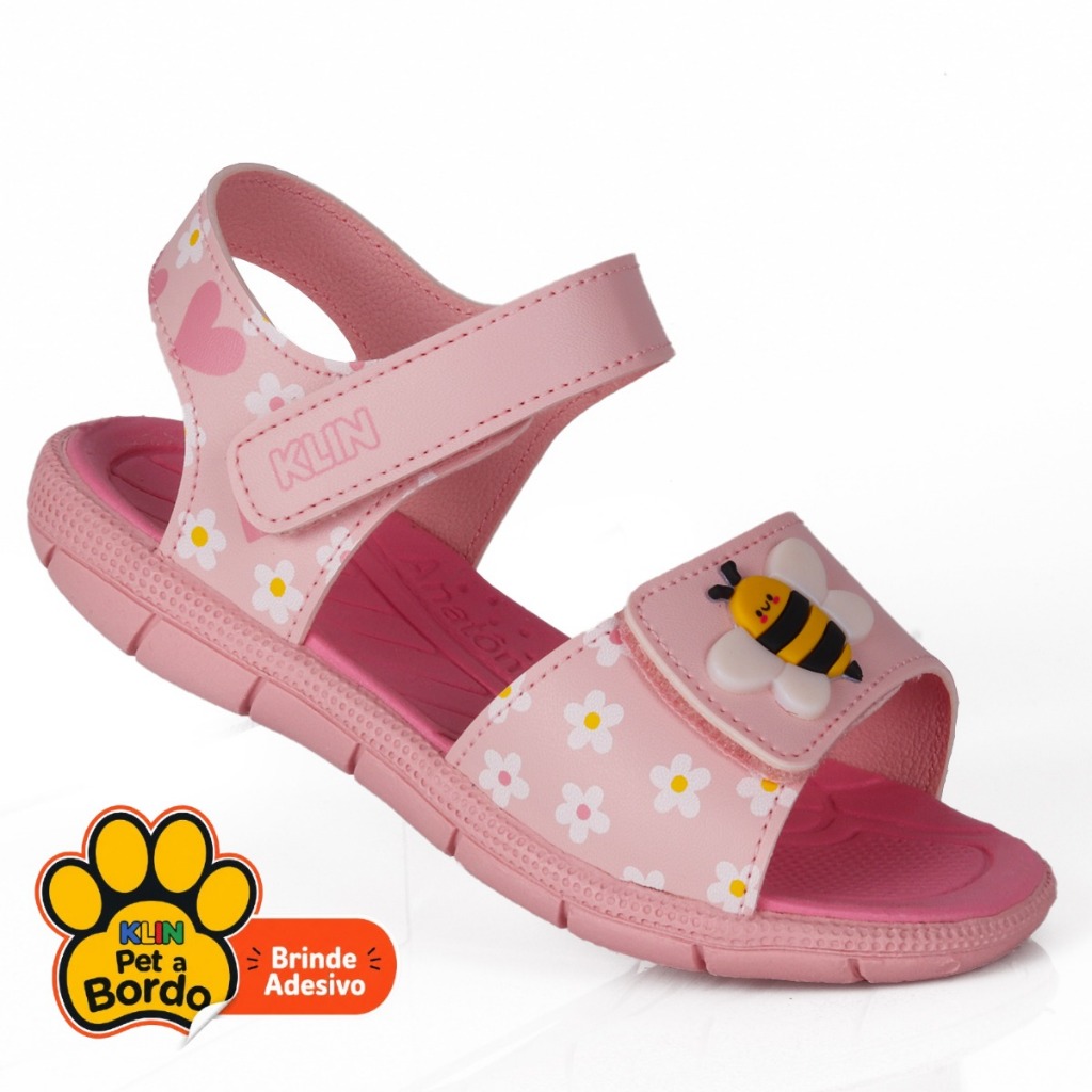 Sandália Papete Klin Menina Abelhinha Rosa Infantil Anatômica Velcro Calce Fácil Confortável