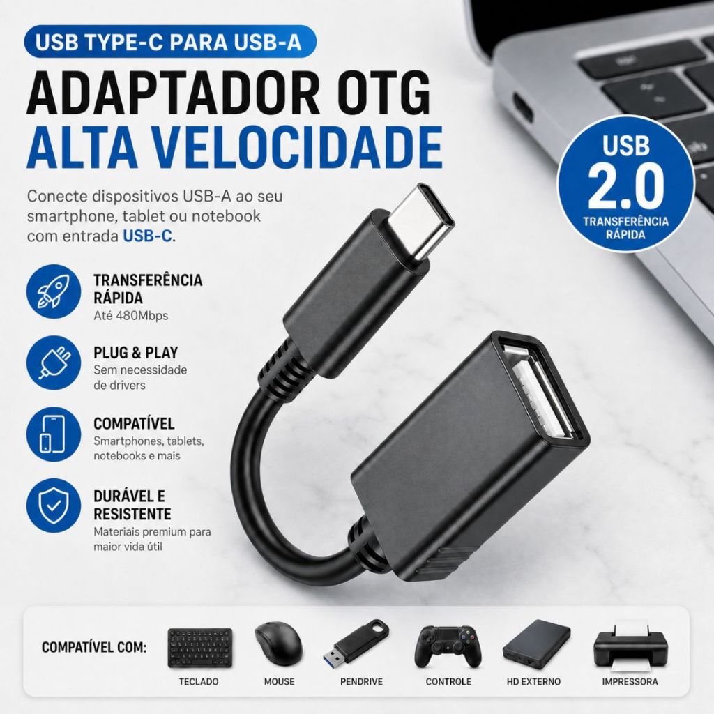Cabo Adaptador OTG USB para Tipo C Mouse Teclado Pendrive 2.0