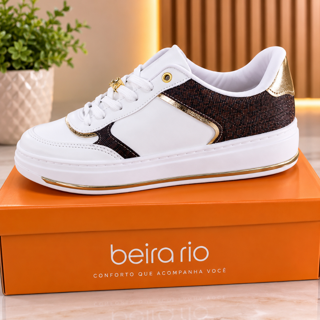 Tênis Feminino Beira Rio Ortopédico Confortável Casual Leve Detalhe Dourado Macio Estiloso