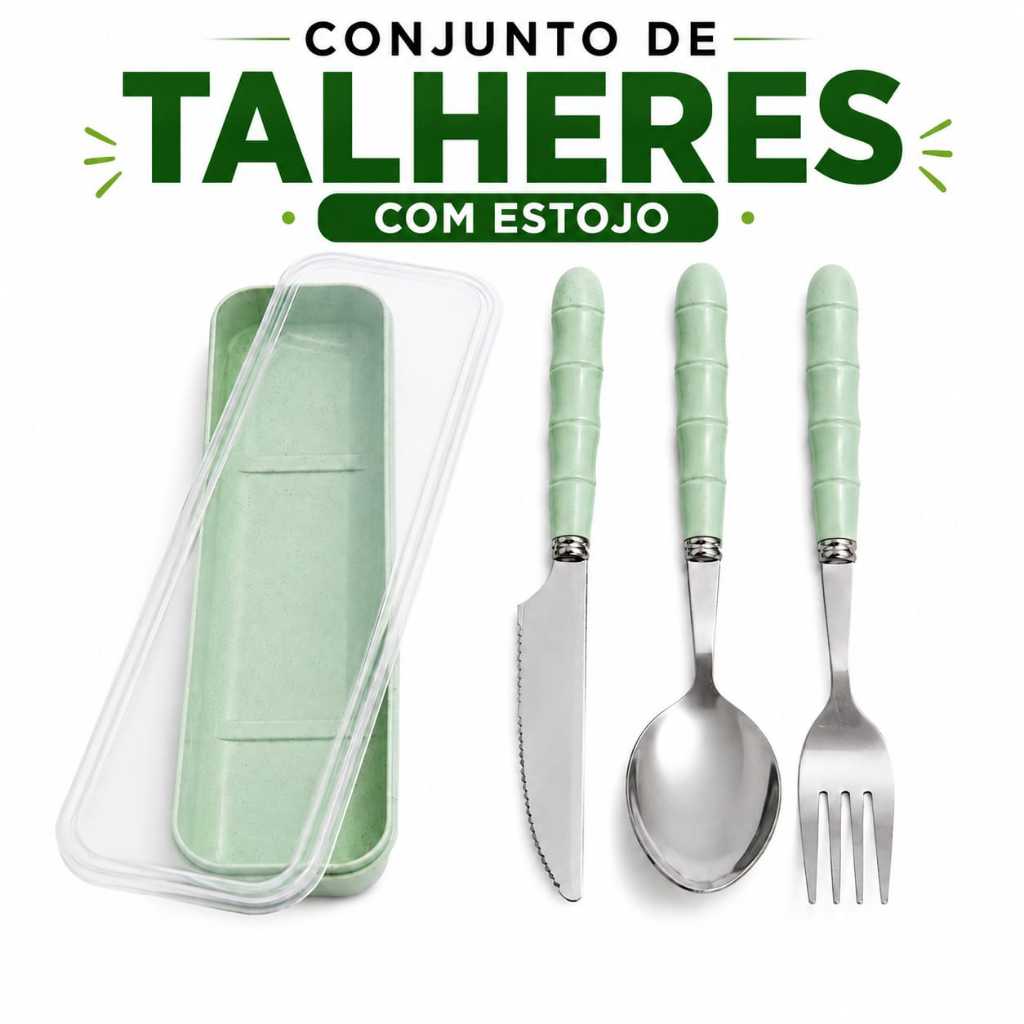 Jogo de Talher Com Estojo Inox 3 peças Com Cabo De Plástico Marmita