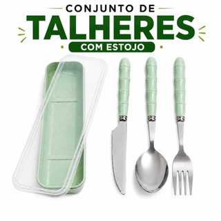Jogo de Talher Com Estojo Inox 3 peças Com Cabo De Plástico Marmita