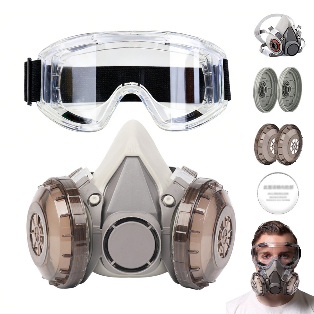 Máscara antipoeira de duplo filtro modelo 620 + Óculos de segurança antiembaçante amplo + 10 filtros antipoeira