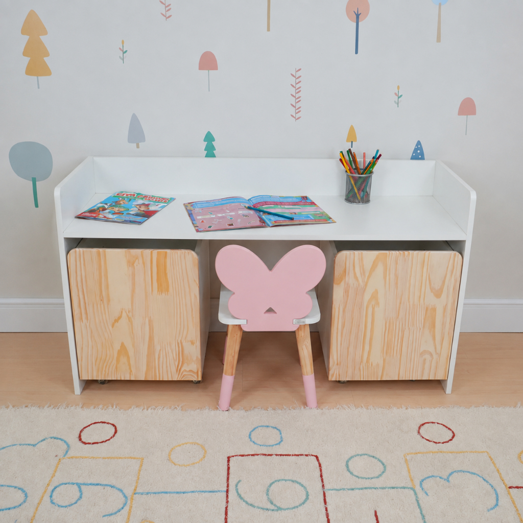 Escrivaninha Infantil Bancada Organizadora Grande Madeira Borboletinha Faz de Conta Kit Livro