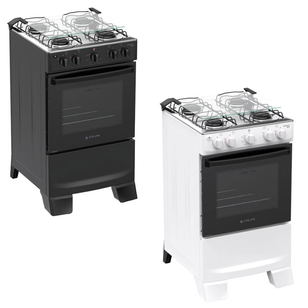 Fogão 4 Bocas Preto com Mesa Inox Atlas Mônaco Plus Bivolt