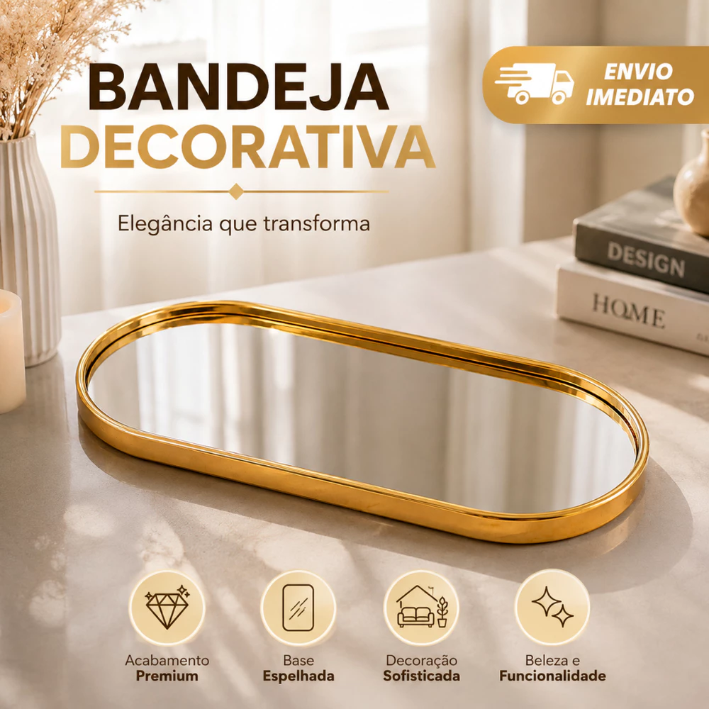 Bandeja para Lavabo Dourada Espelhada Decorativa Luxo Organizador de Perfumes Maquiagem Joias