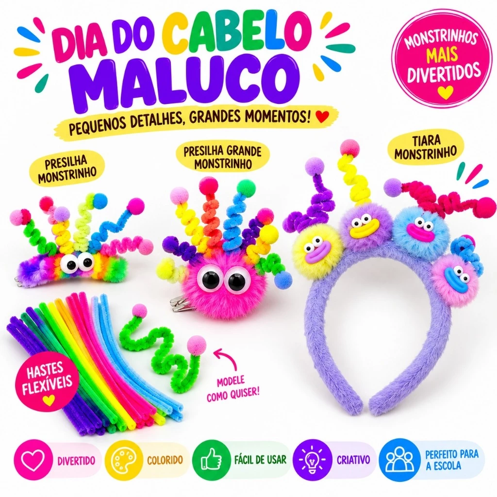 Cabelo Maluco Infantil Presilha Tiara Monstrinho Peluciado Colorido Escola Divertido — imagem 1