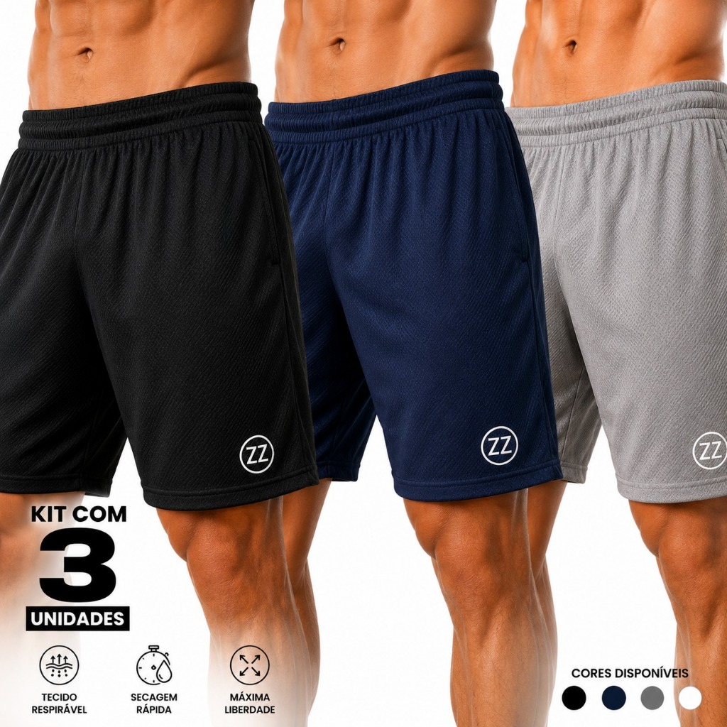 Kit 3 Shorts Masculino Esportivo Academia Dry Fit Poliéster Elastano Treino Corrida Confortável
