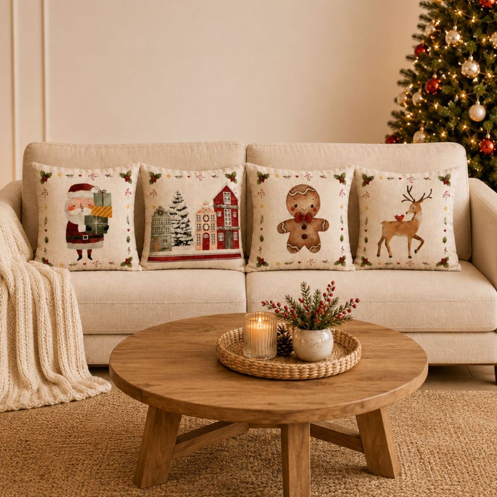 Kit 4 Capas de almofada Linho Natalinas Luxo Decoração de Natal Papai Noel Boneco de Neve Arvore 43x43cm