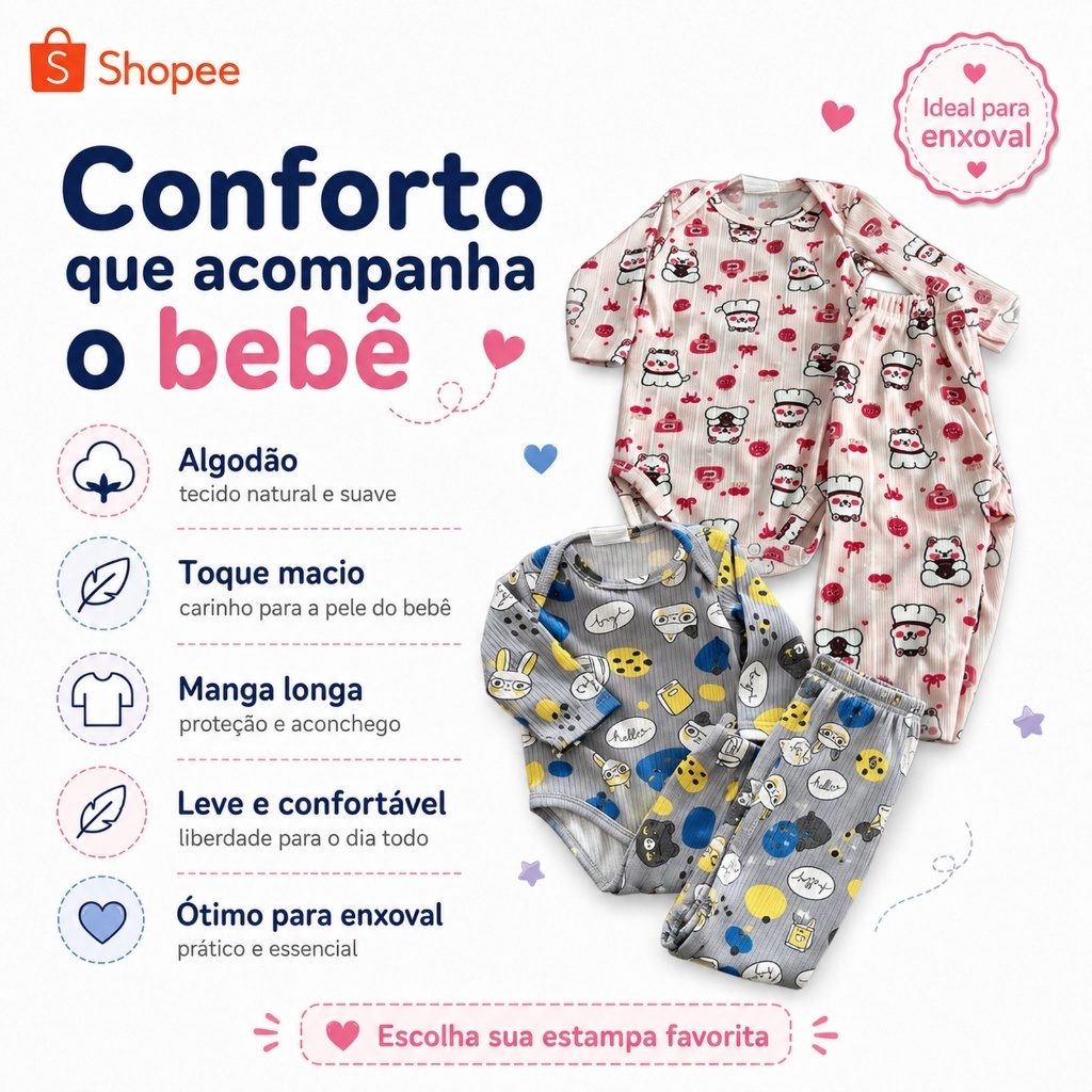 Kit 3 Conjuntos Body Bebê Manga Longa Mijão Calça Algodão Canelado Estampas Sortidas Menino Menina Enxoval