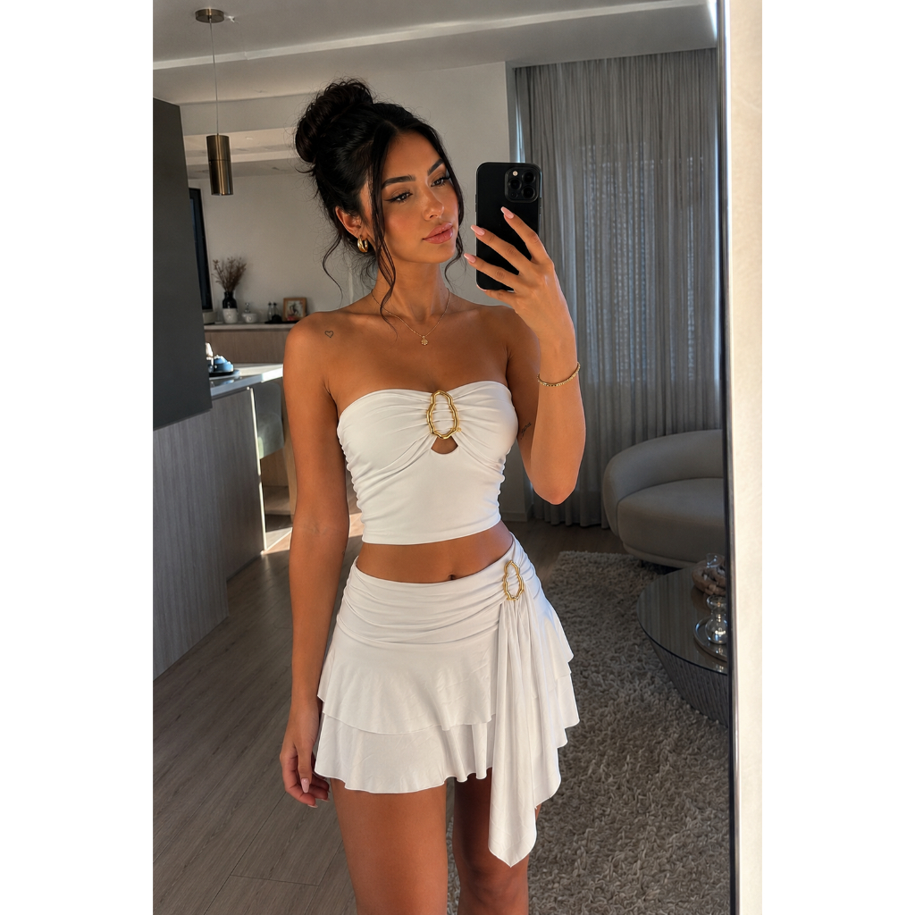 Conjunto Feminino Cropped Tomara que Caia + Short Saia com Fivela Dourada | Moda Gringa